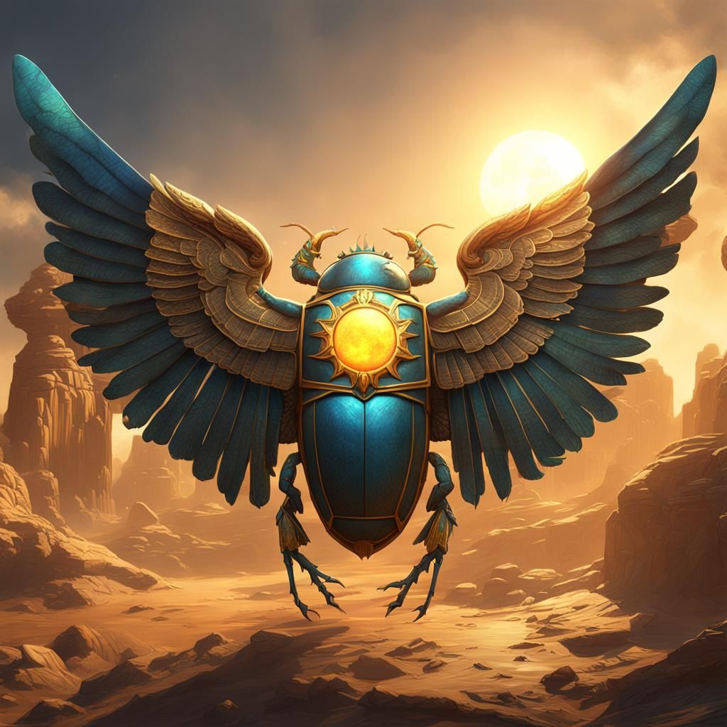 Winged scarab holding a sun.