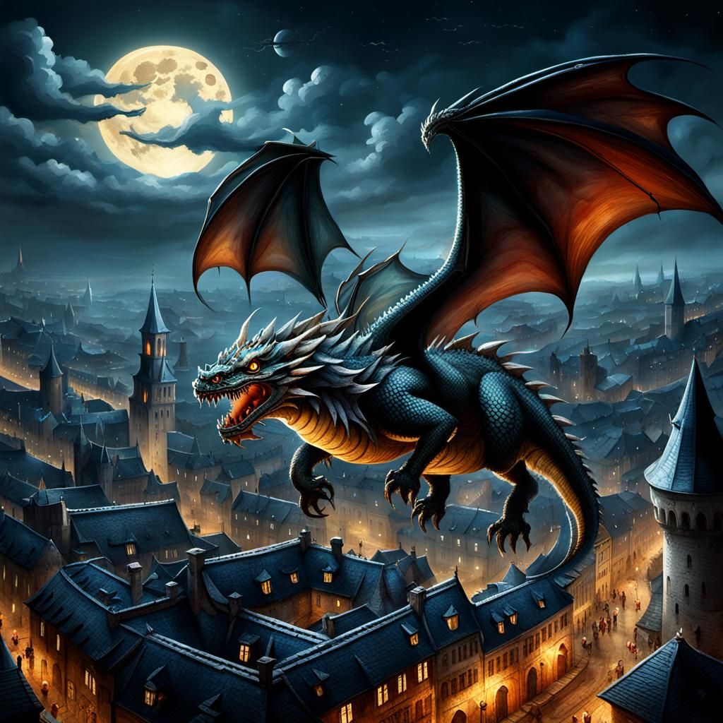 "Un dragón volando sobre una ciudad ||