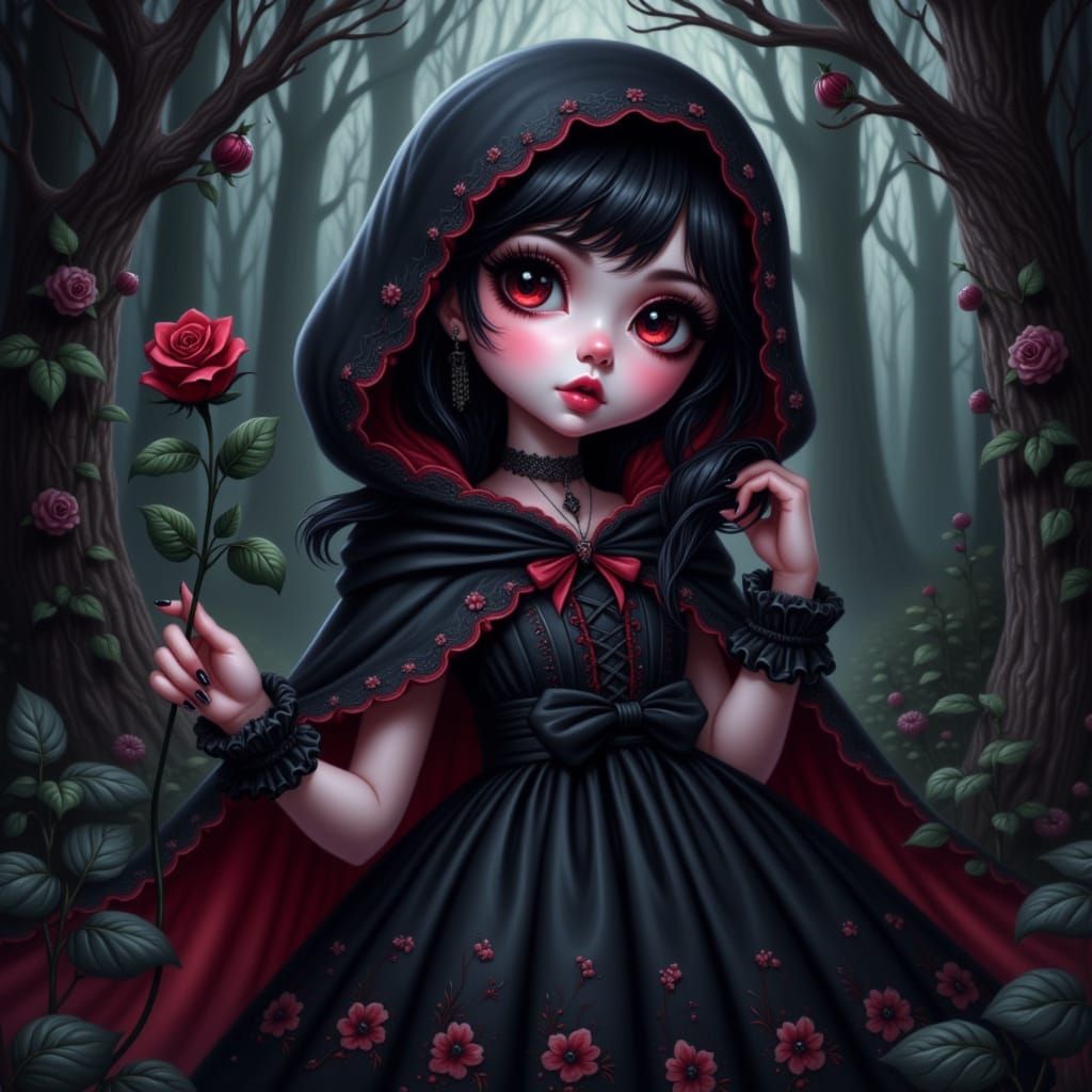 a little gothic girl dressed in a black dress with embroderied floral trim.   black hair with red highlights, wearing a hooded cloak. She is...