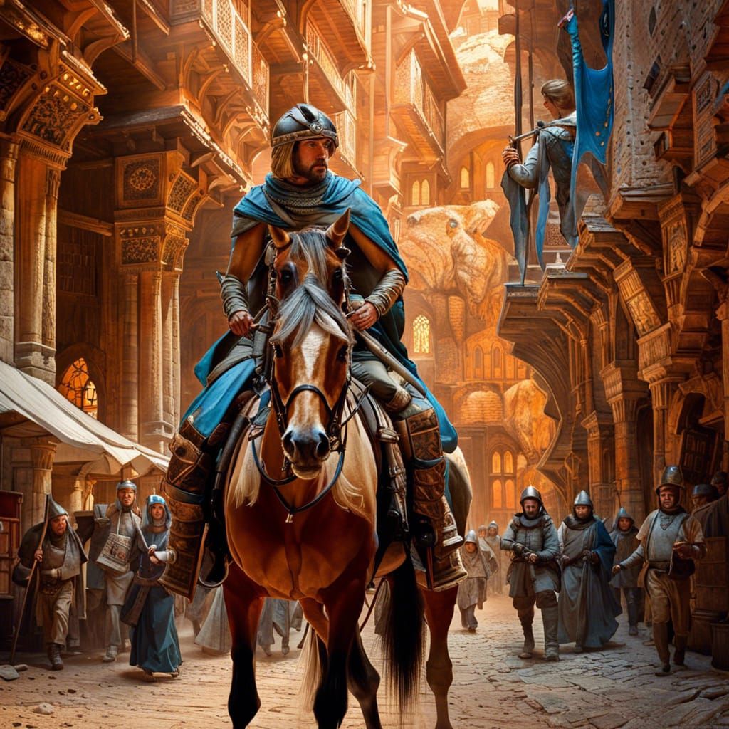 Petra, Jordan!!! knight riding a horse into a Medieval Market!!!", a breathtaking epic masterpiece artwork ...  by @Pjrockey