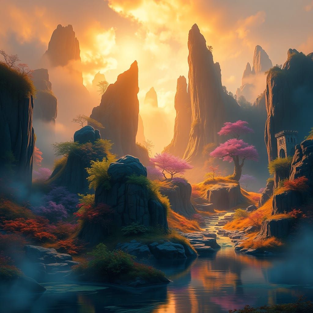 Ethereal Fantasy Realm with Golden Light and Mystical Aura