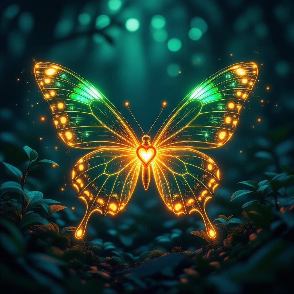 Title: "Forest Light Pulse"

Description:

A butterfly, as if made of light and energy, hovers in the dark undergrowth of a mysterious fores...