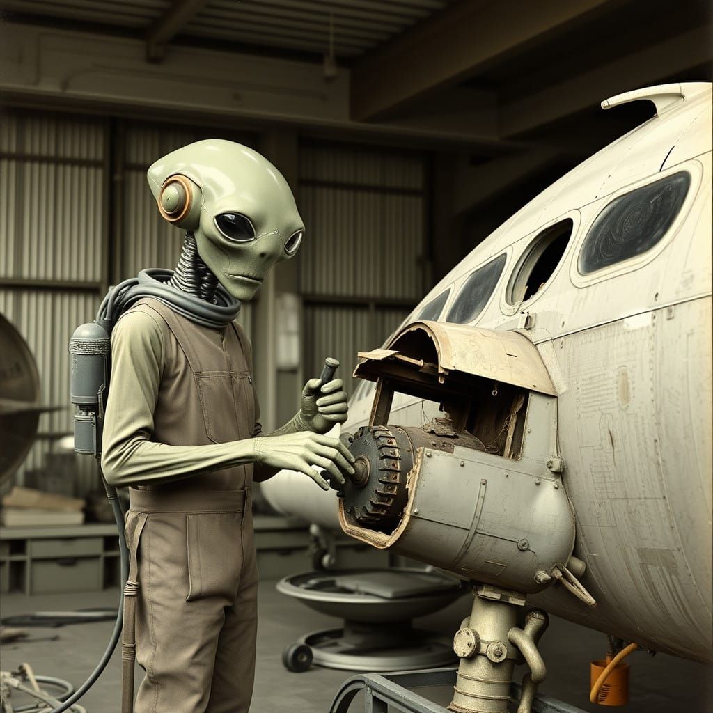 At alien mechanic working on his spacecraft. Next to it is an old broken down airplane from the 1930s