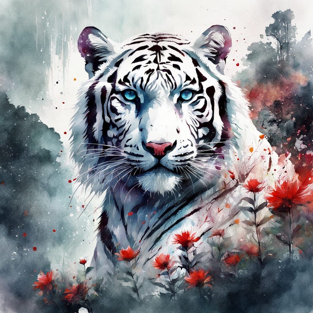 Magnificent white tiger in close up, with a lush summerscape in the background, with beautiful rivers ...  by @Andy Does AI