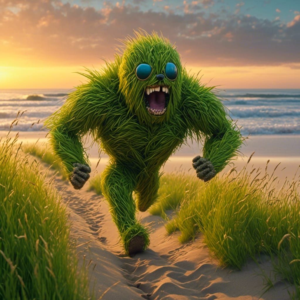 <lora:Grass:1.0> Grass hero , is buff grass muscles , flexing on a beach at sunset , running with grass dog