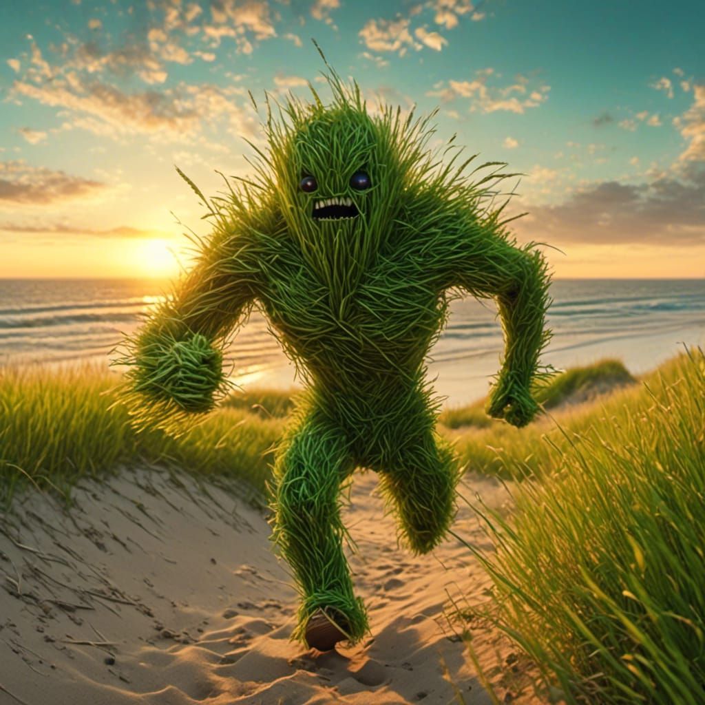 <lora:Grass:1.0> Grass hero , is buff grass muscles , flexing on a beach at sunset , running with grass dog