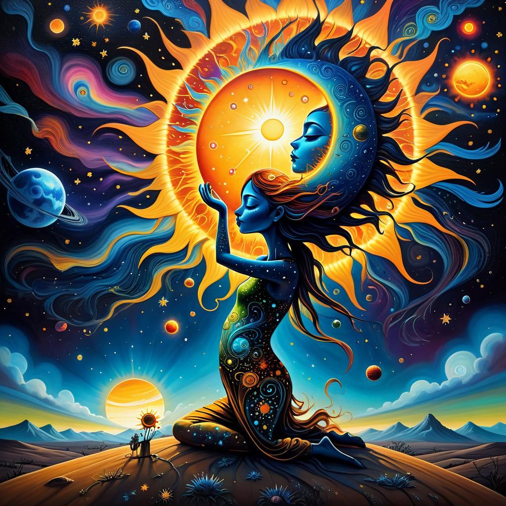 Sun being caressed in Esao Andrews and Chris Dyer pop surrealism style ...