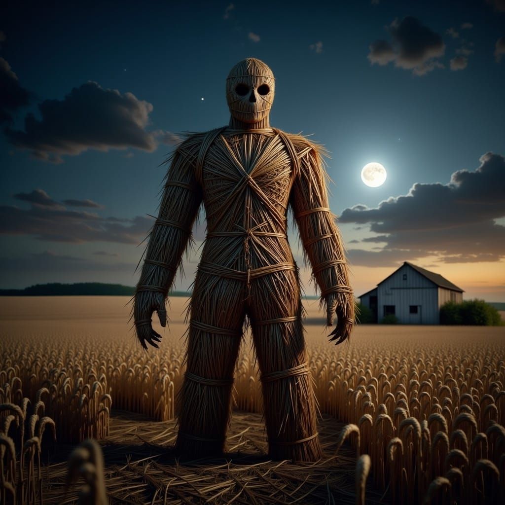 <lora:farm horror:1.0> a giant wickerman outside in the wheat field at night in the style of farm horror
