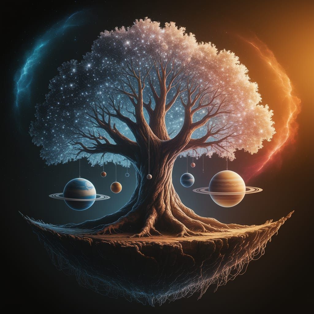 The celestial tree of magic and wonder, bearing the planets of our Solar System as its sacred fruit.  by @ChronoScribe