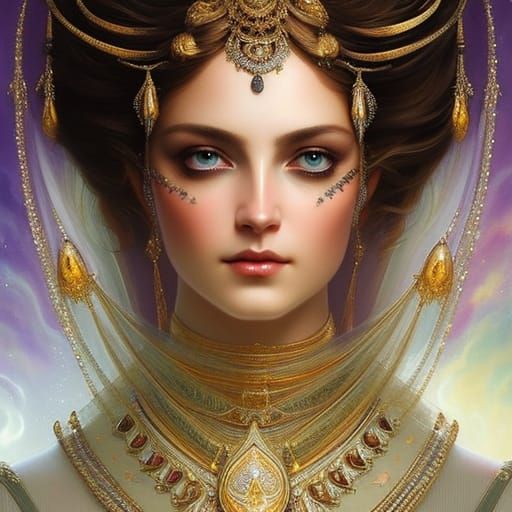 Priestess Portrait with Galactic Sky in Art Nouveau Style