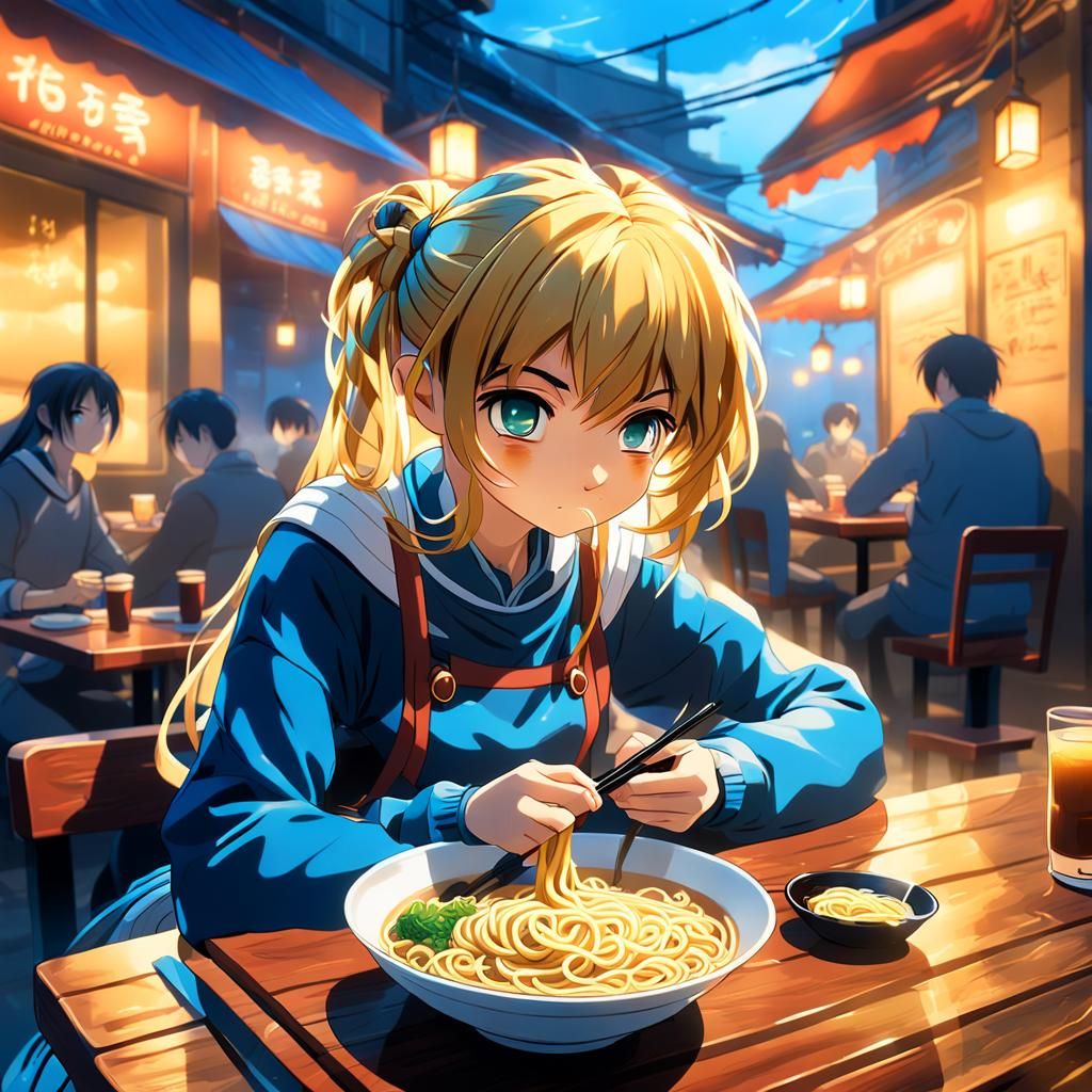 Anime girl in skirt in a restaurant eating noodles