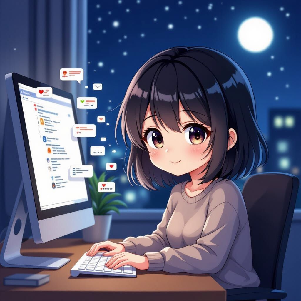 Anime Chibi Woman at Computer at Night