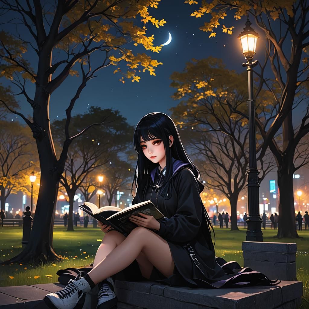 Goth girl, sitting in a dark park, reading a book, soft beau...