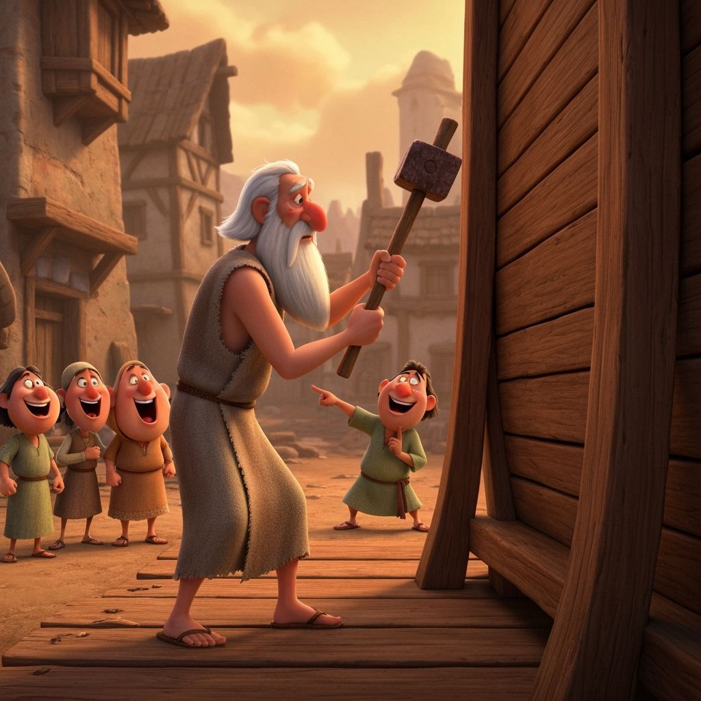 "Pixar-style 3D digital illustration of Noah building the Ark. Noah is an elderly man with a long white beard, wearing simple ancient robes,...