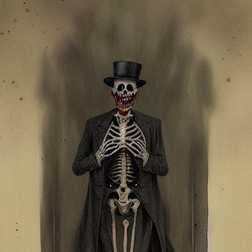 A skeleton in a black top hat, grey long coat unbuttoned, an...