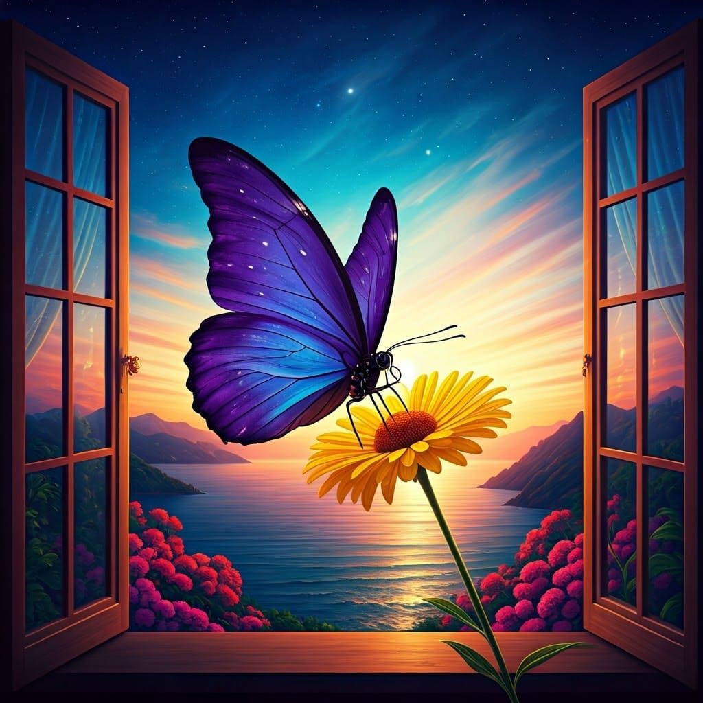 A large purple butterfly on a yellow flower on a window para...