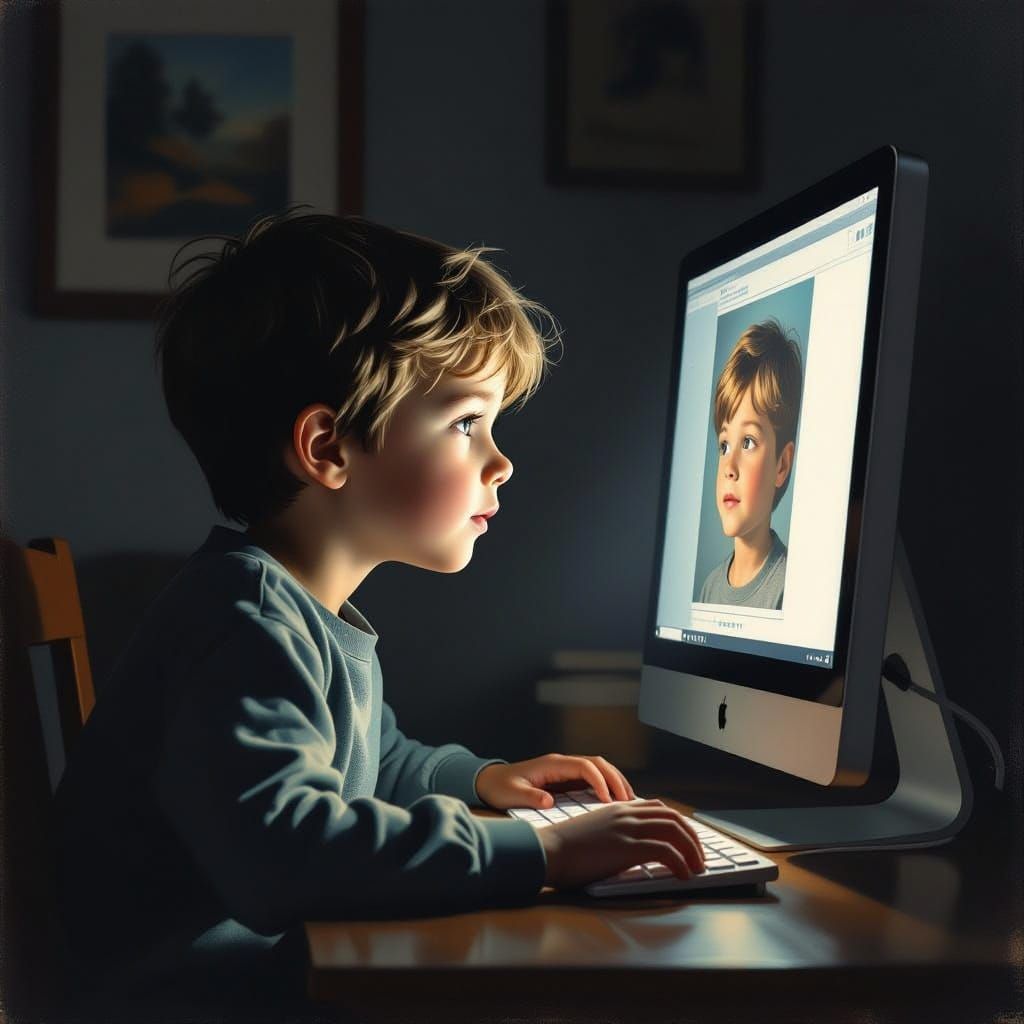 Boy Gazes at Computer Screen Showing His Reflection