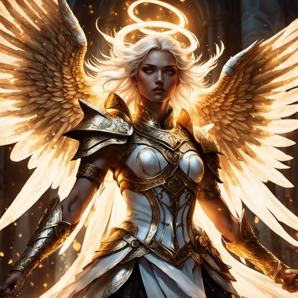 (masterpiece, ultra-detailed, photorealistic anime-fantasy style, 8k HDR)

Scene: Two ethereal angelic warriors descend from the heavens, cl...