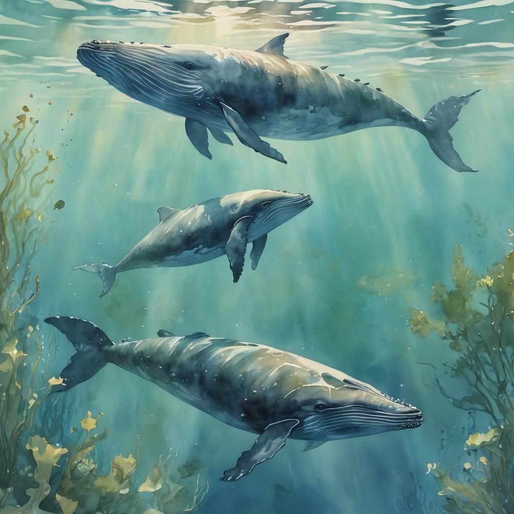 Whale Mother and Calf in Watercolor Ocean Depths