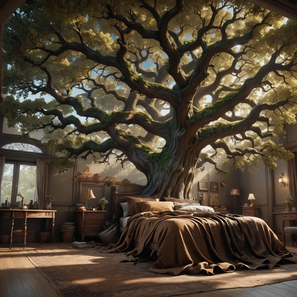 A bedroom with a large bed covered in brown sheets in the co...