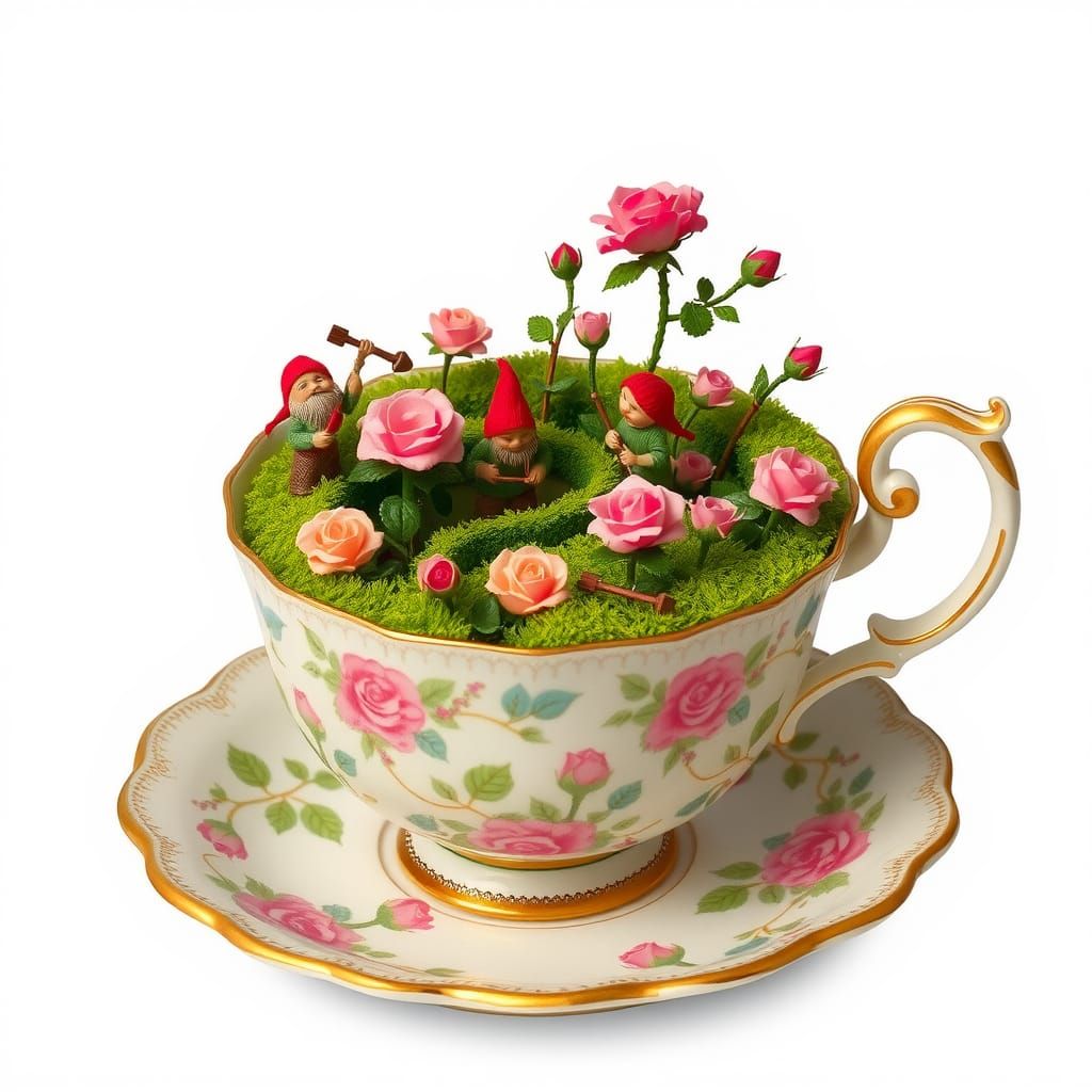 tea cup with a rose garden in the cup with gnomes tending th...