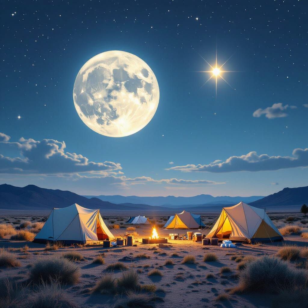 Moonlit Encampment Under Starry Sky