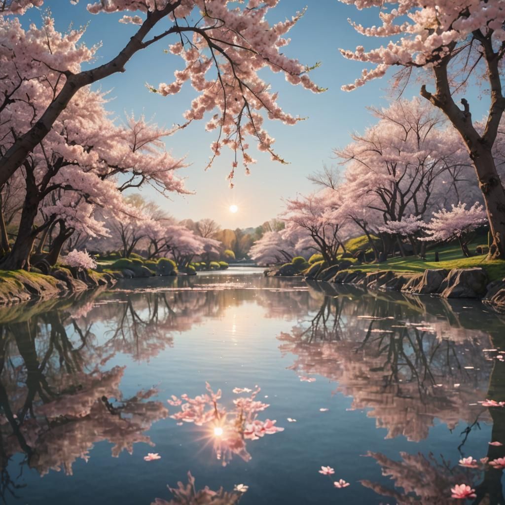 Tranquil Lake with Cherry Blossoms in Golden Light