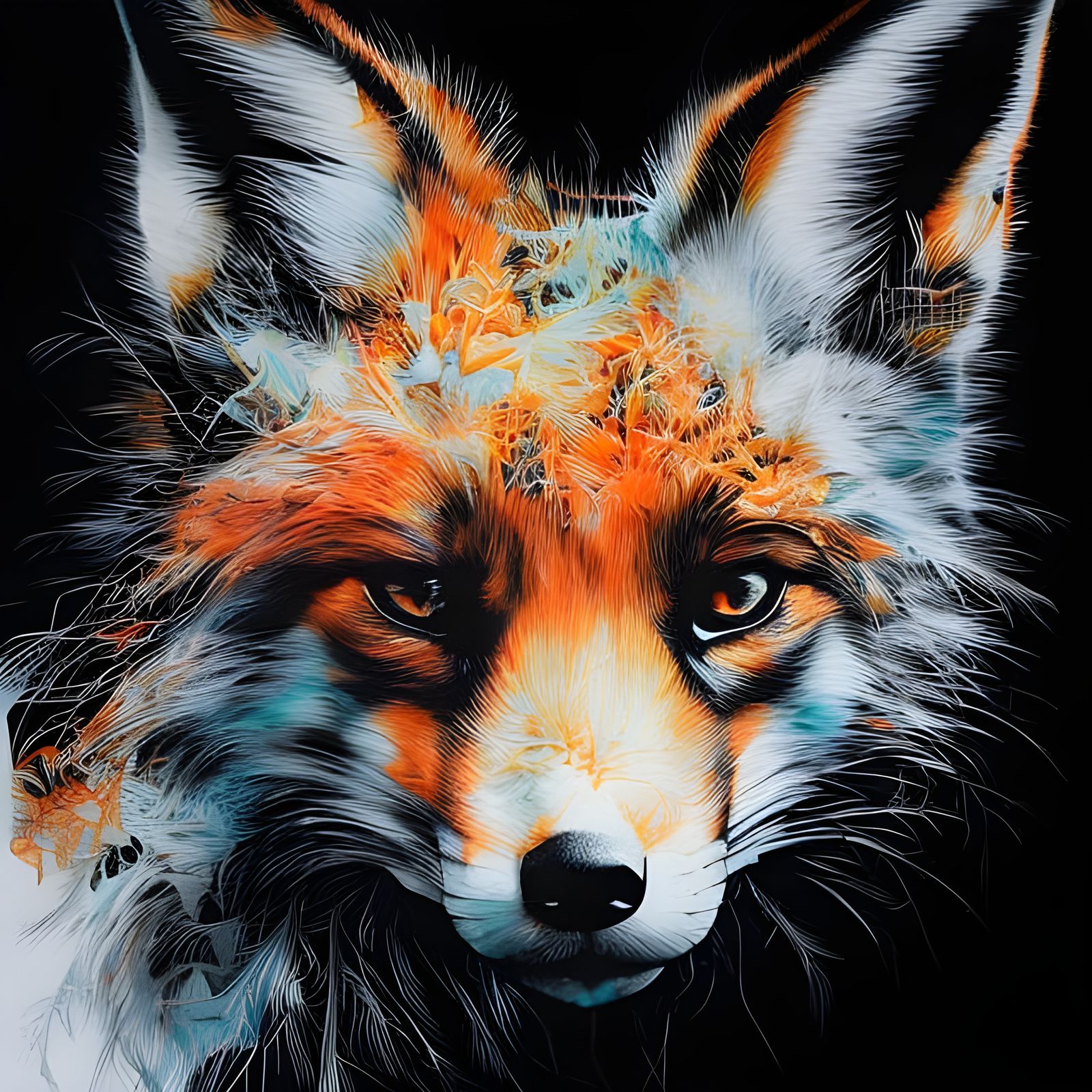 Adorable Fox Cub Portrait in Inkblot Style