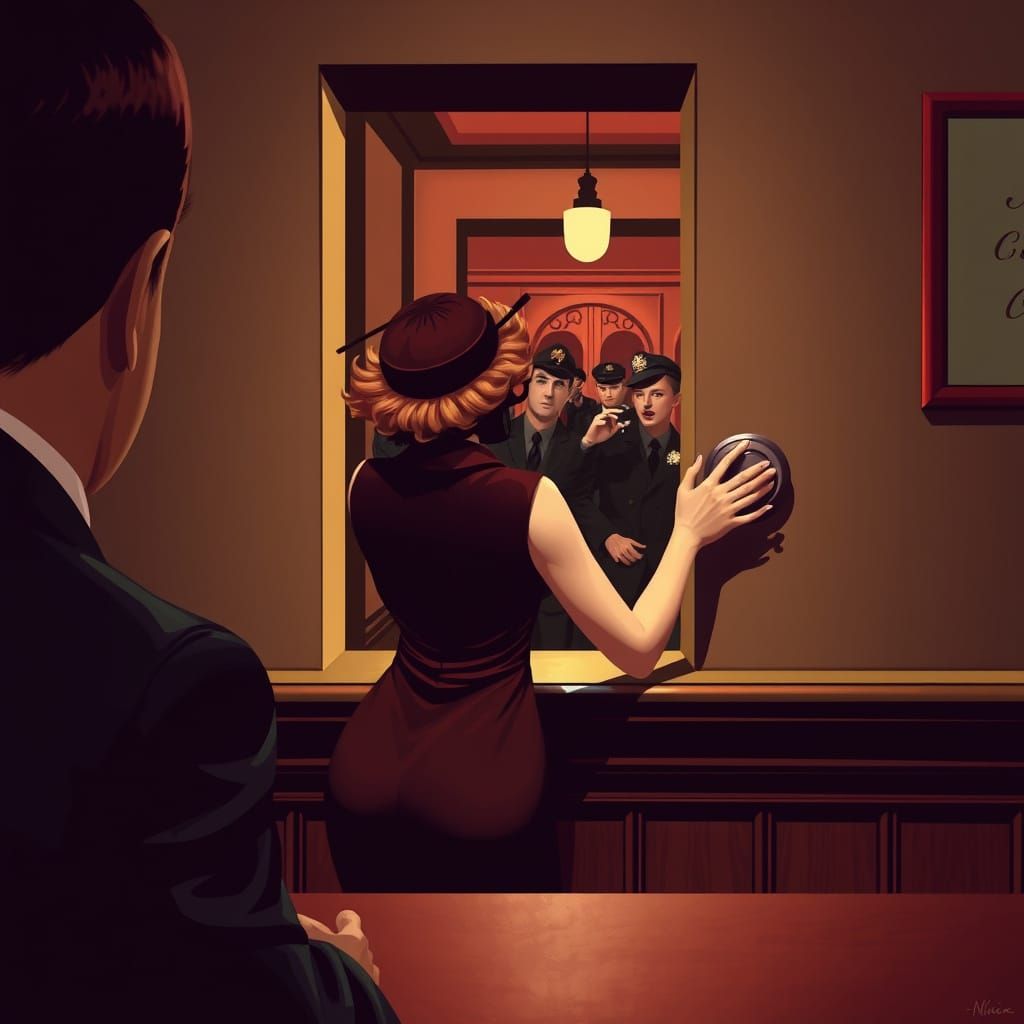 PRESSING THE HIDDEN SIGNAL BUTTON on the wall.  a scene from the perspective of someone standing just behind the coat check girl at a speake...