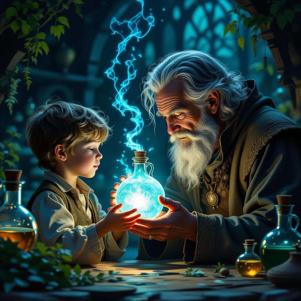 Boy Offers Glowing Potion to Hopeful Old Man