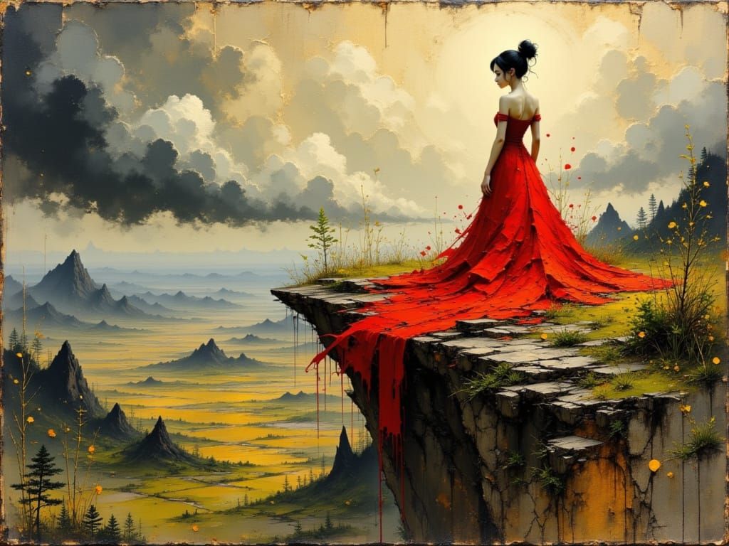 Woman in Red Gown Contemplates Existence