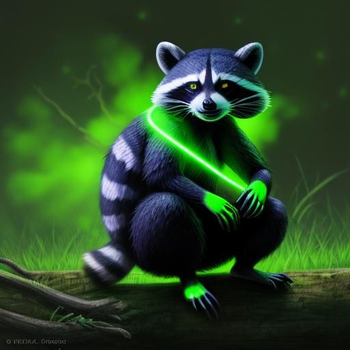 A racoon that is glowing green