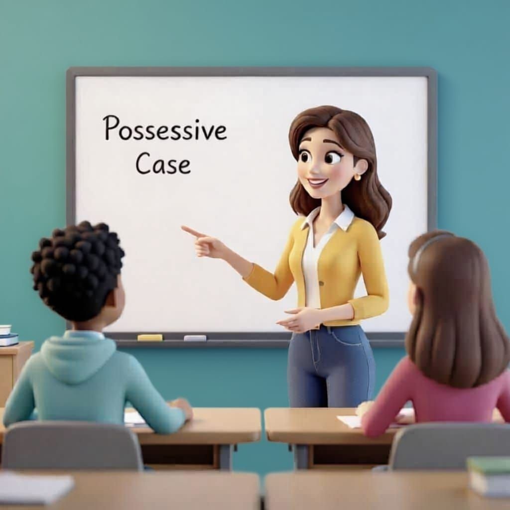 A friendly female English teacher, mid-30s, stands in front of a whiteboard in a bright, modern classroom. She is pointing to the whiteboard...