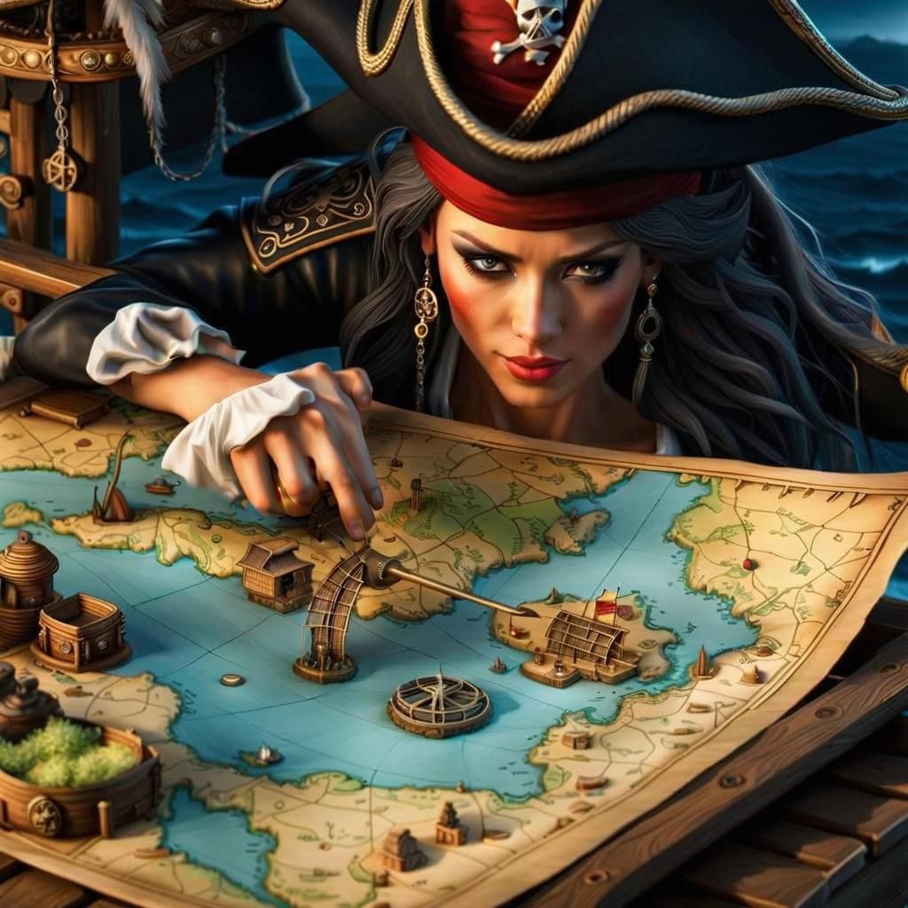 Lady Pirate studies a Treasure Map... - AI Generated Artwork ...