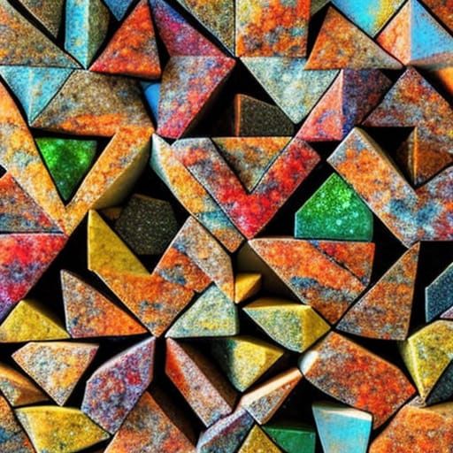 A long shot of a very large tall group of cube, triangle and square shaped  3D blocks of colored granite ...  by @Fredericco