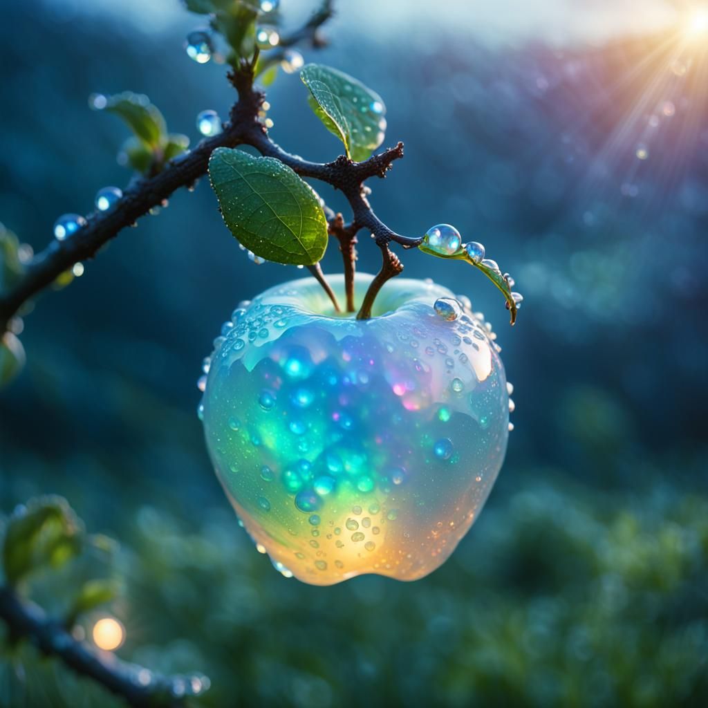 a delicate apple made of opal hung on branch in the early morning light, adorned with glistening dewdrops. in the background beautiful valle...