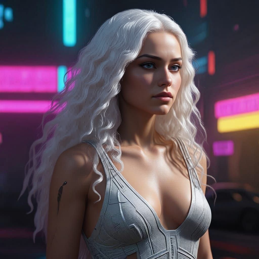 a beautiful woman with long white hair with light blue eyes. everything is white. no make-up, no shade. absolutely no other color than white...