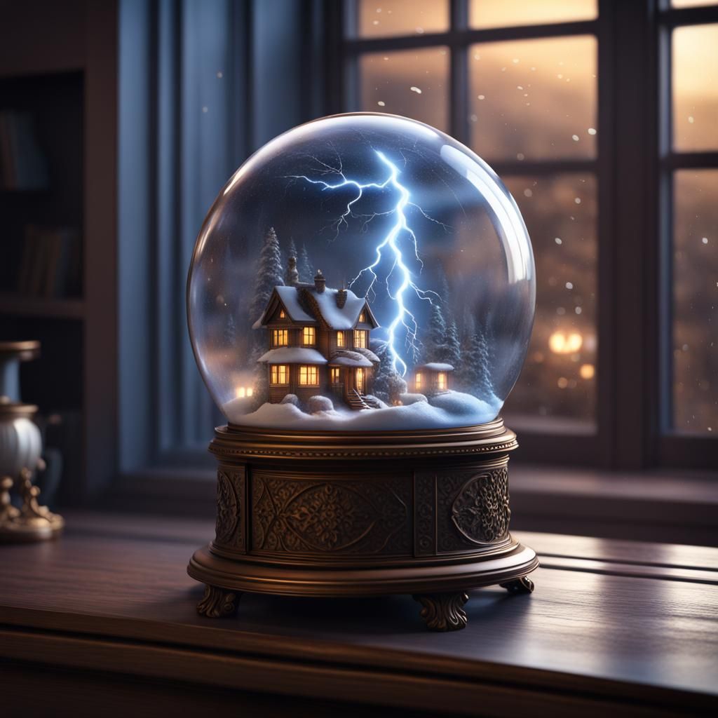 a snowglobe with lightning inside, sitting on a small table ...