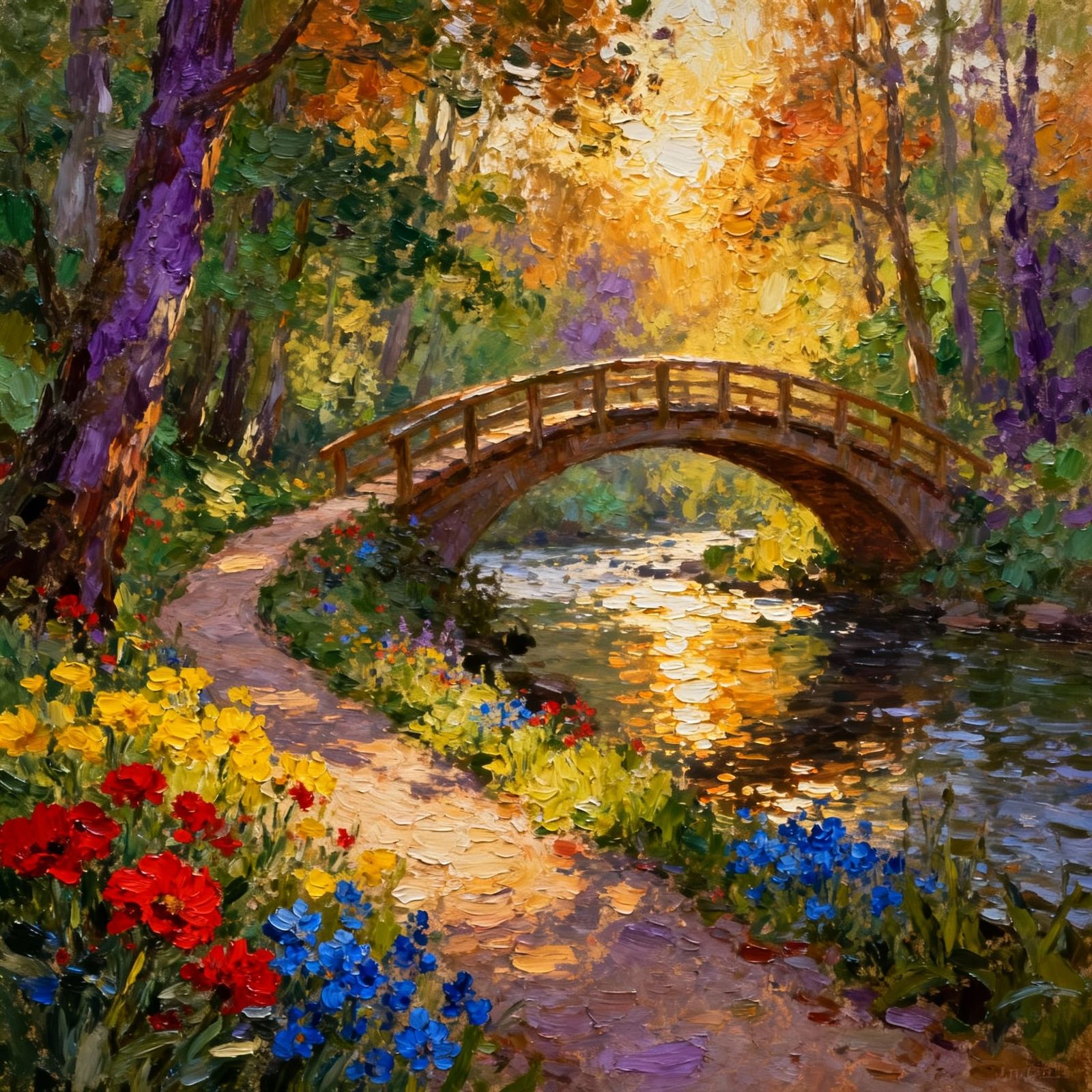 Impasto Forest Bridge Painting with Vivid Wildflowers