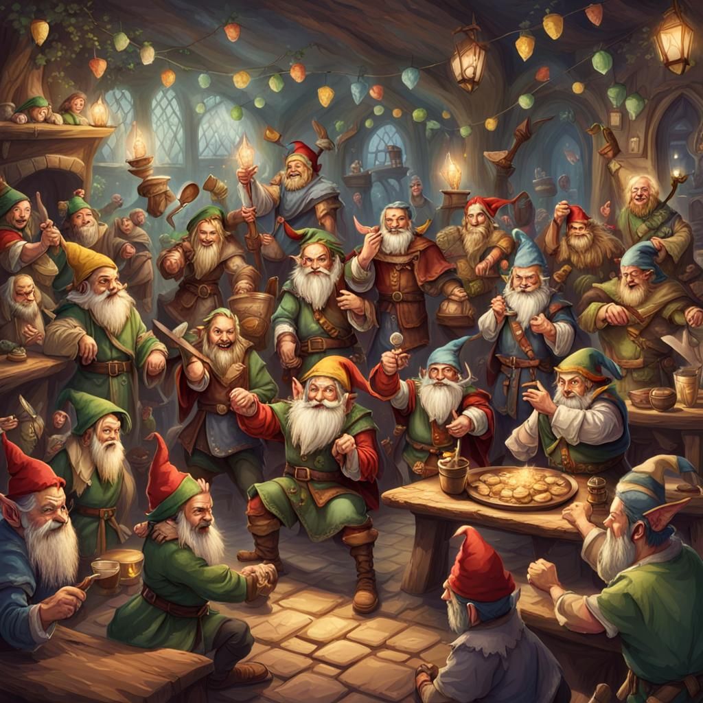 a fantasy party with elves and Dwarves having fun