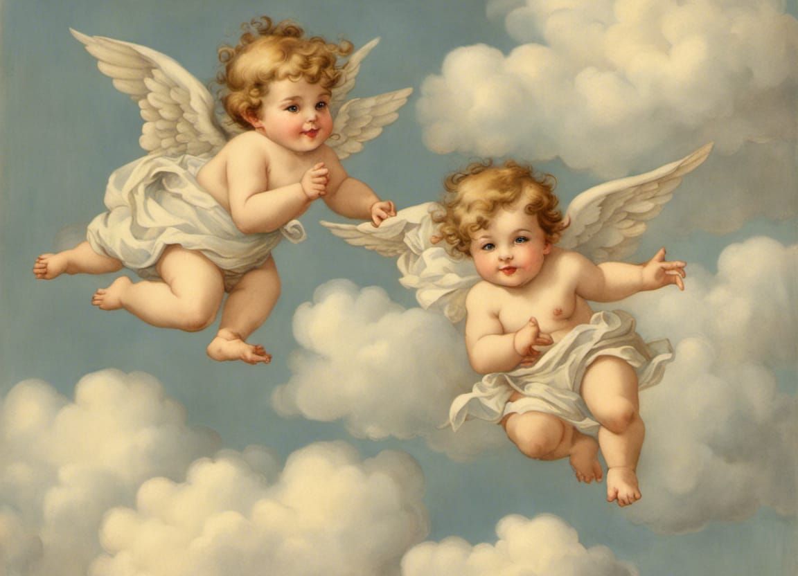 vintage cherub babies floating in clouds AI Generated Artwork