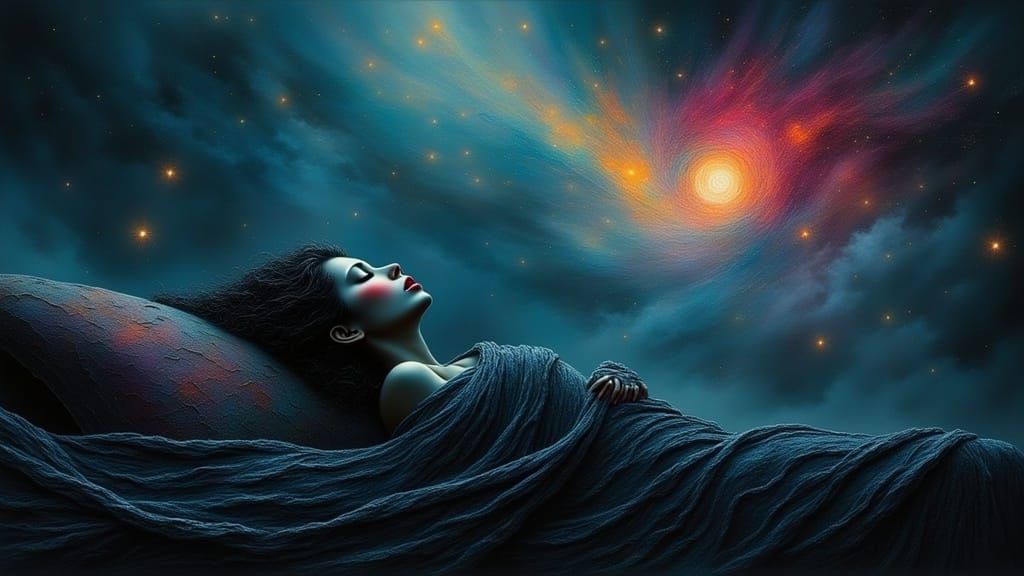  <lora:Latina Warrioress:1.0>"Nightmares" dark fantasy horror/sleeping person having nightmare