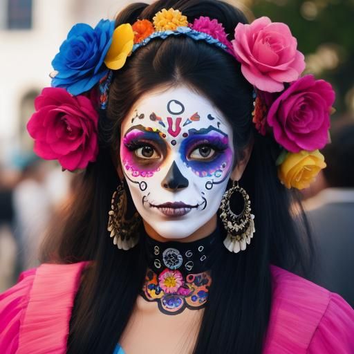 Medium shot of a beautiful woman wearing colorful Día de los...