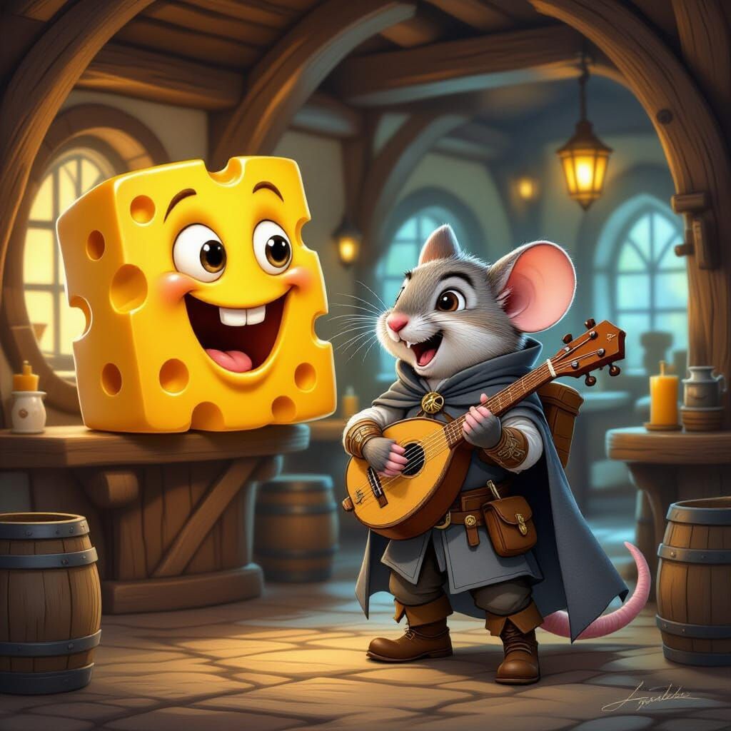 A funny scene where Finn, an anthropomorphic forest mouse adventurer, looks in surprise at a laughing cheese head with large, realistic eyes...