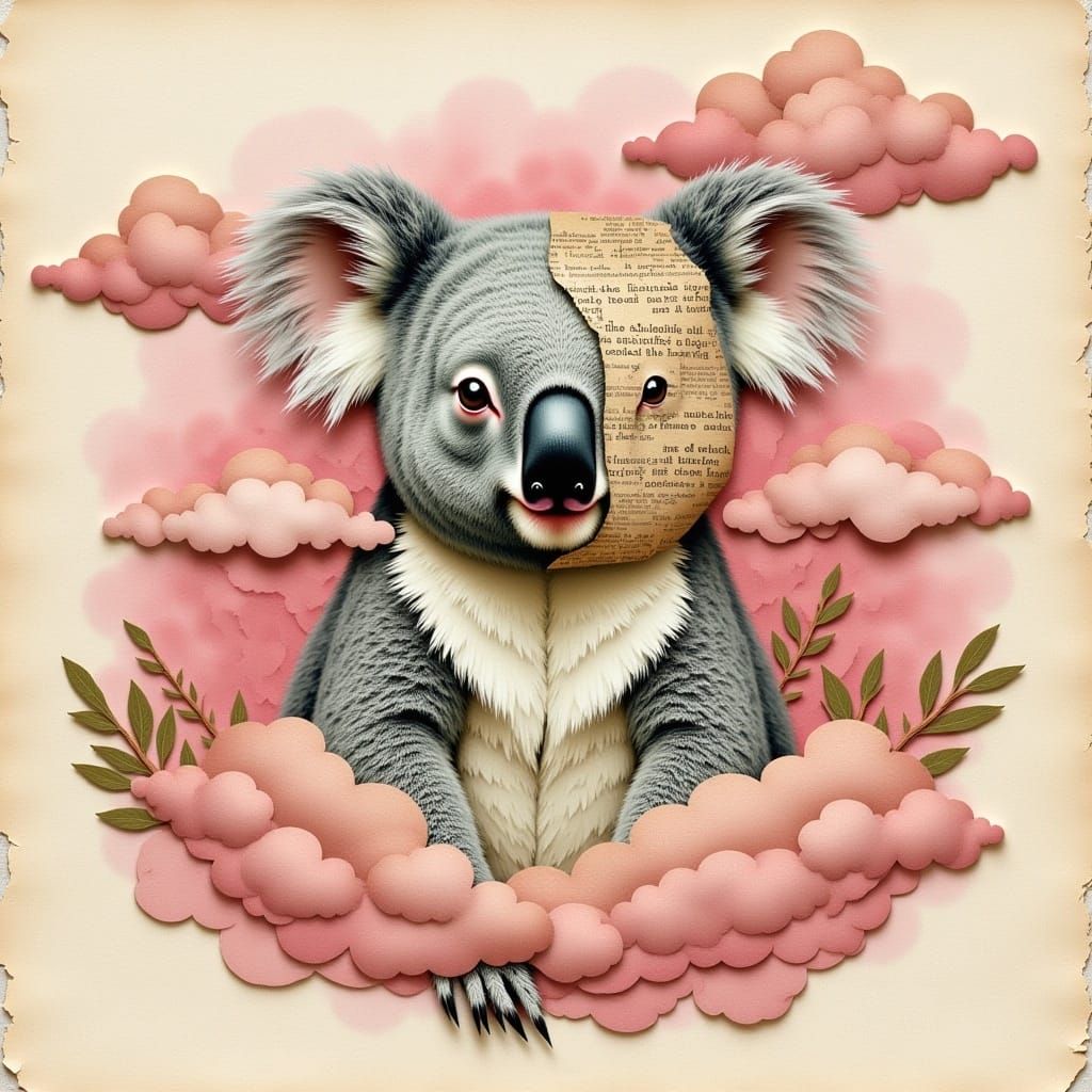 A beautiful illustration of a happy koala is made entirely of blended vintage newspaper texture with pink lush ephemera and paper clouds cov...