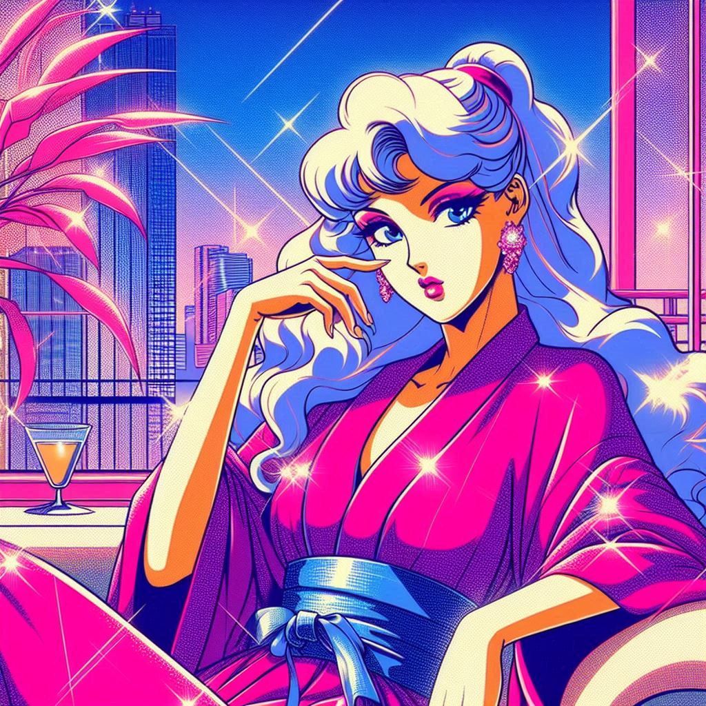 a 1980s anime style image of a woman fashion model drawn in ...