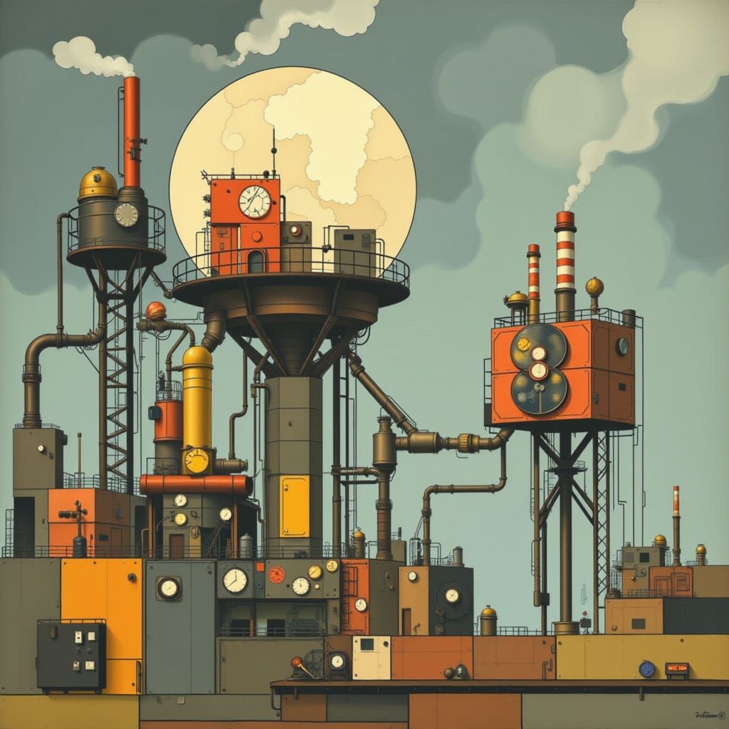 <lora:MONDRIAN FACTORY:1.0> Cute robot holding a fishbowl