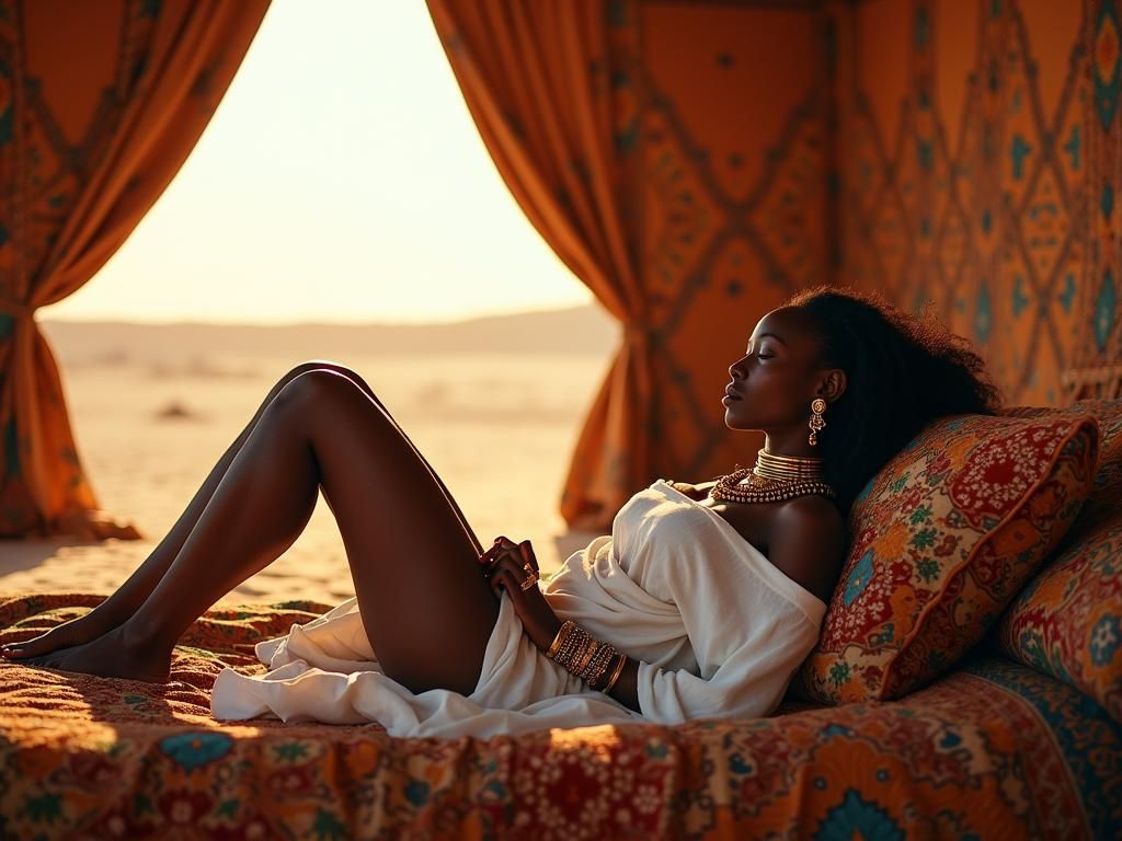 A photo of a large Bedouin tent in the desert. Inside the tent, a strikingly beautiful young alluring  African woman with a  is laying on he...