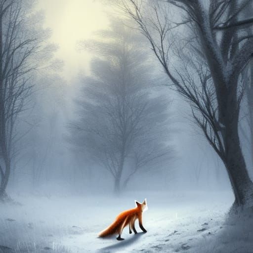 A Snowy fox wandering a forest at night