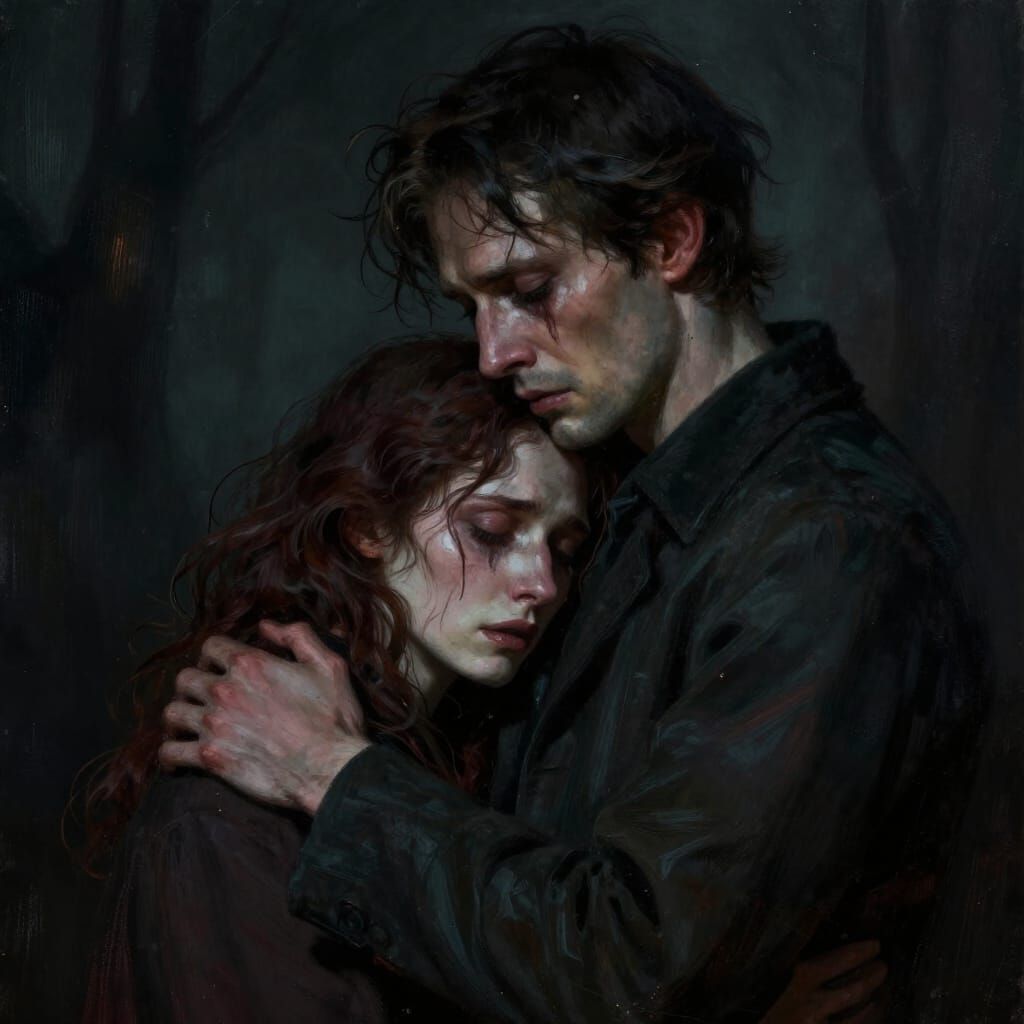 Grieving Couple Embracing in Dark Fantasy Style